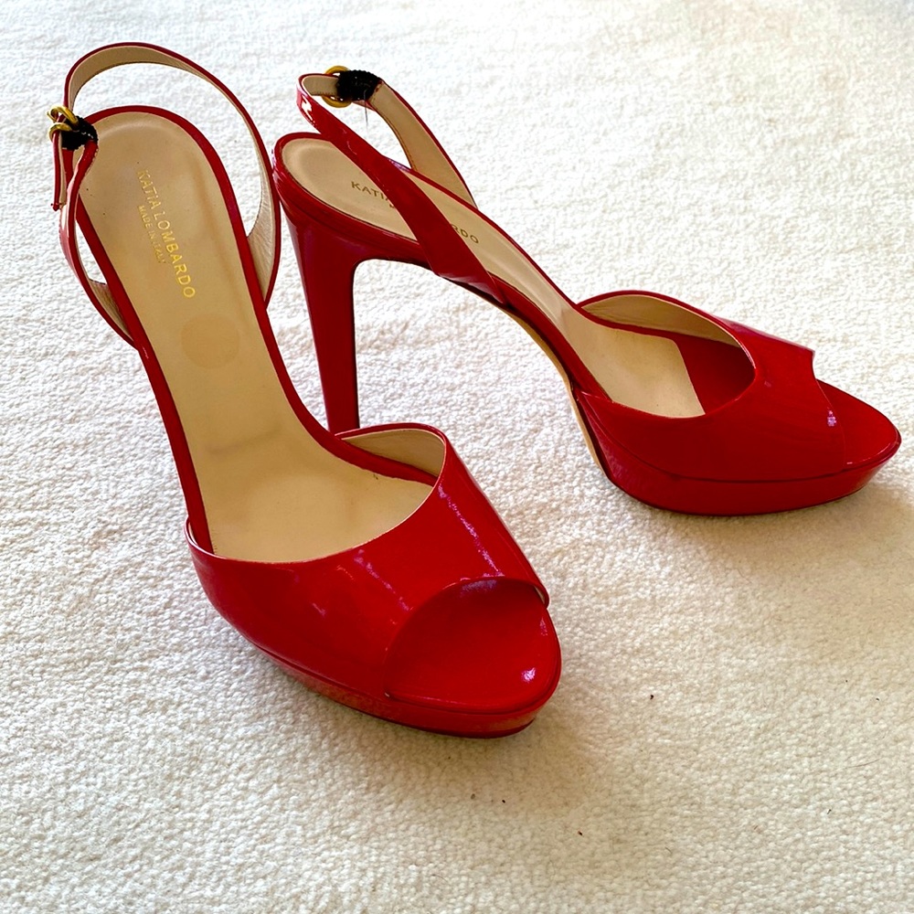 New Katia Lombardo Red Leather Slingback Heels Made in Italy